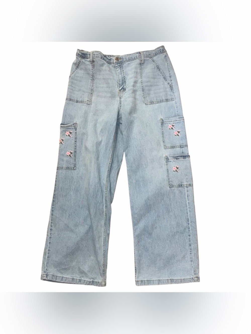 Vtg No Boundaries Light Blue Embroidered Cargo Jeans Size XL 16-18 Grannycore